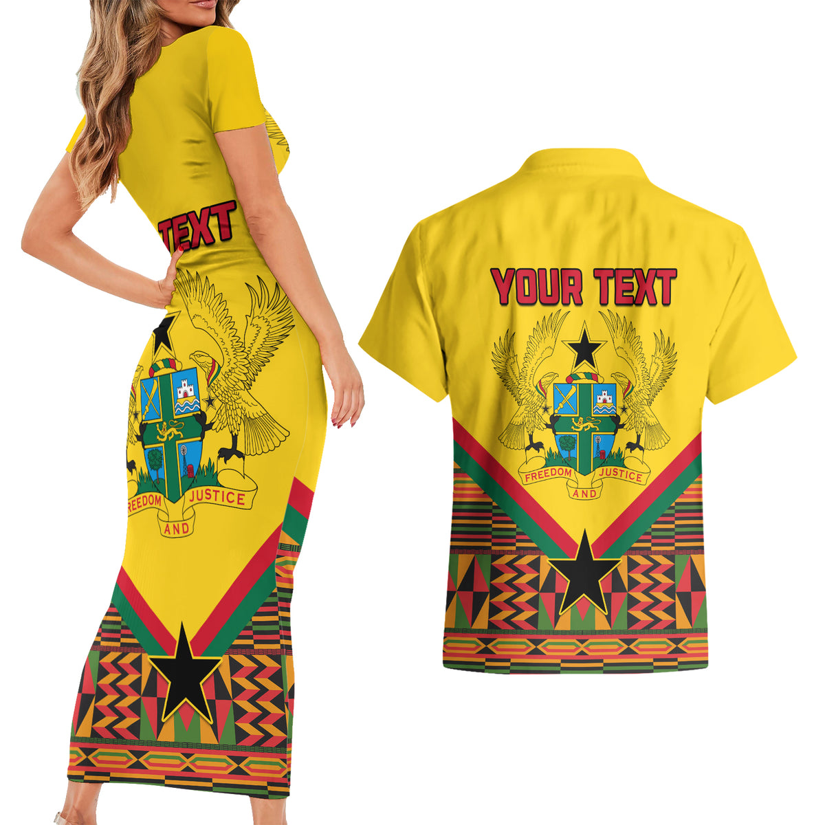 Ghana Independence Day Couples Matching Short Sleeve Bodycon Dress and Hawaiian Shirt Freedom and Justice African Pattern - Wonder Print Shop