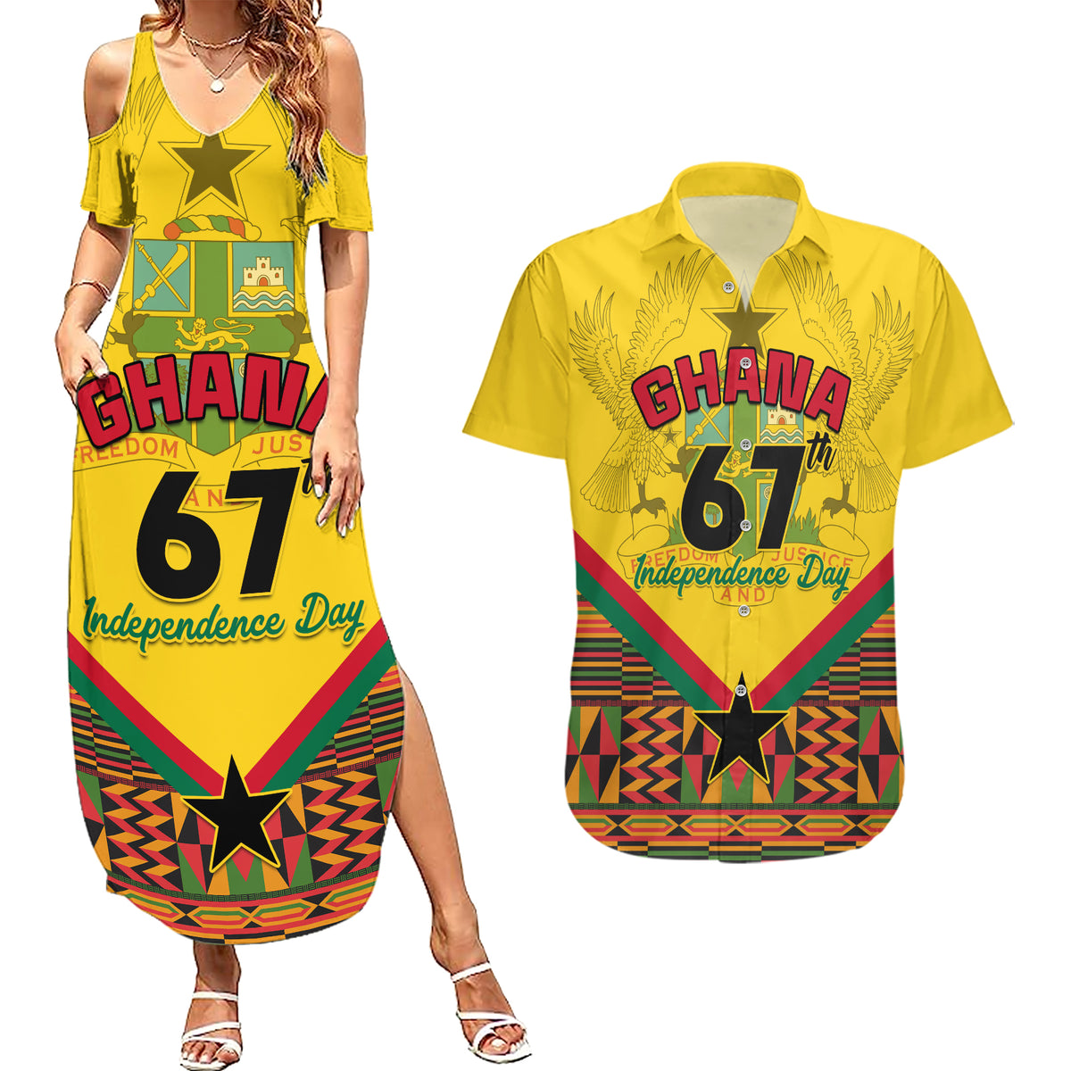 Ghana Independence Day Couples Matching Summer Maxi Dress and Hawaiian Shirt Freedom and Justice African Pattern - Wonder Print Shop