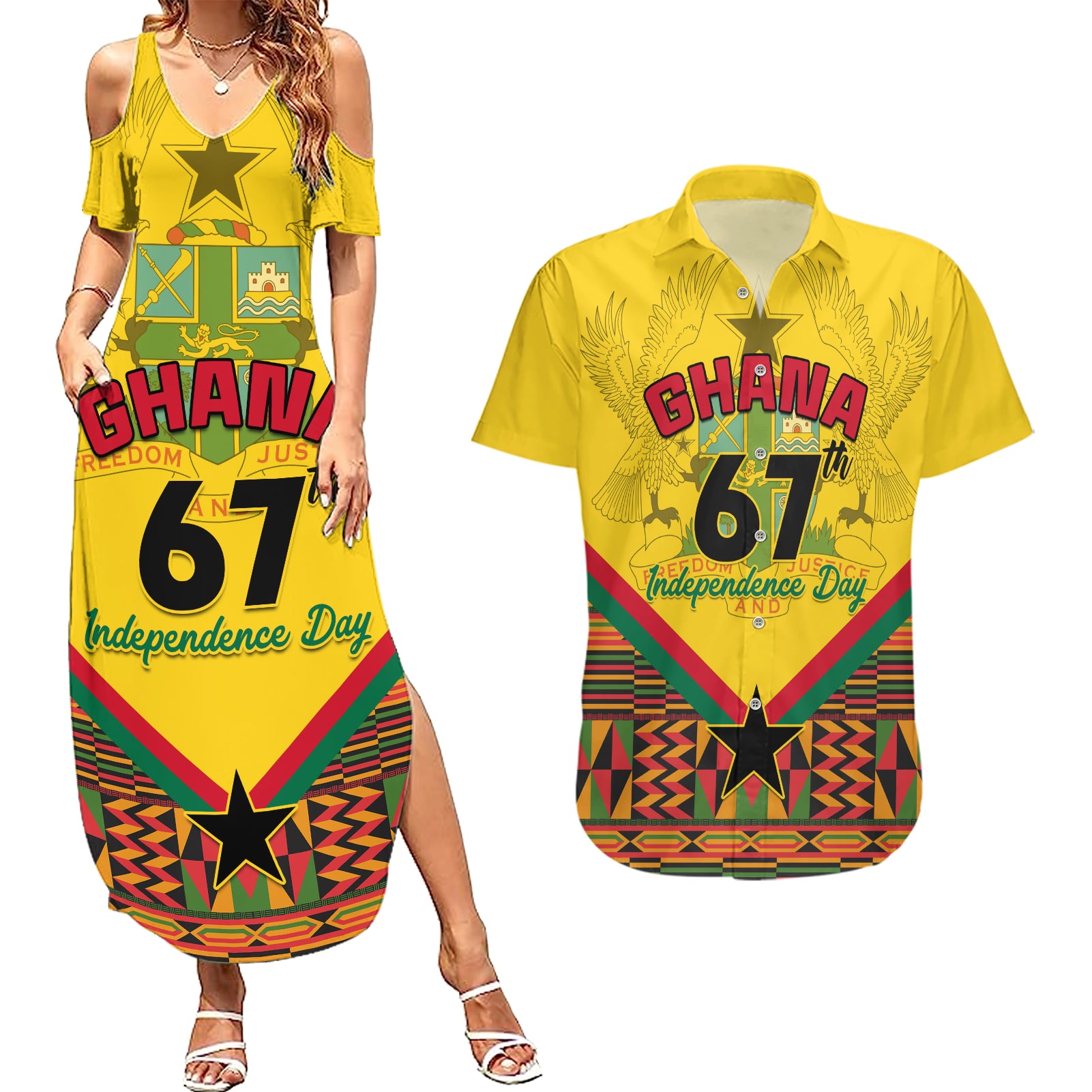 Ghana Independence Day Couples Matching Summer Maxi Dress and Hawaiian Shirt Freedom and Justice African Pattern