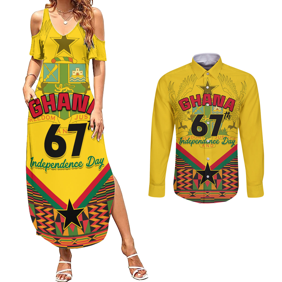 Ghana Independence Day Couples Matching Summer Maxi Dress and Long Sleeve Button Shirt Freedom and Justice African Pattern
