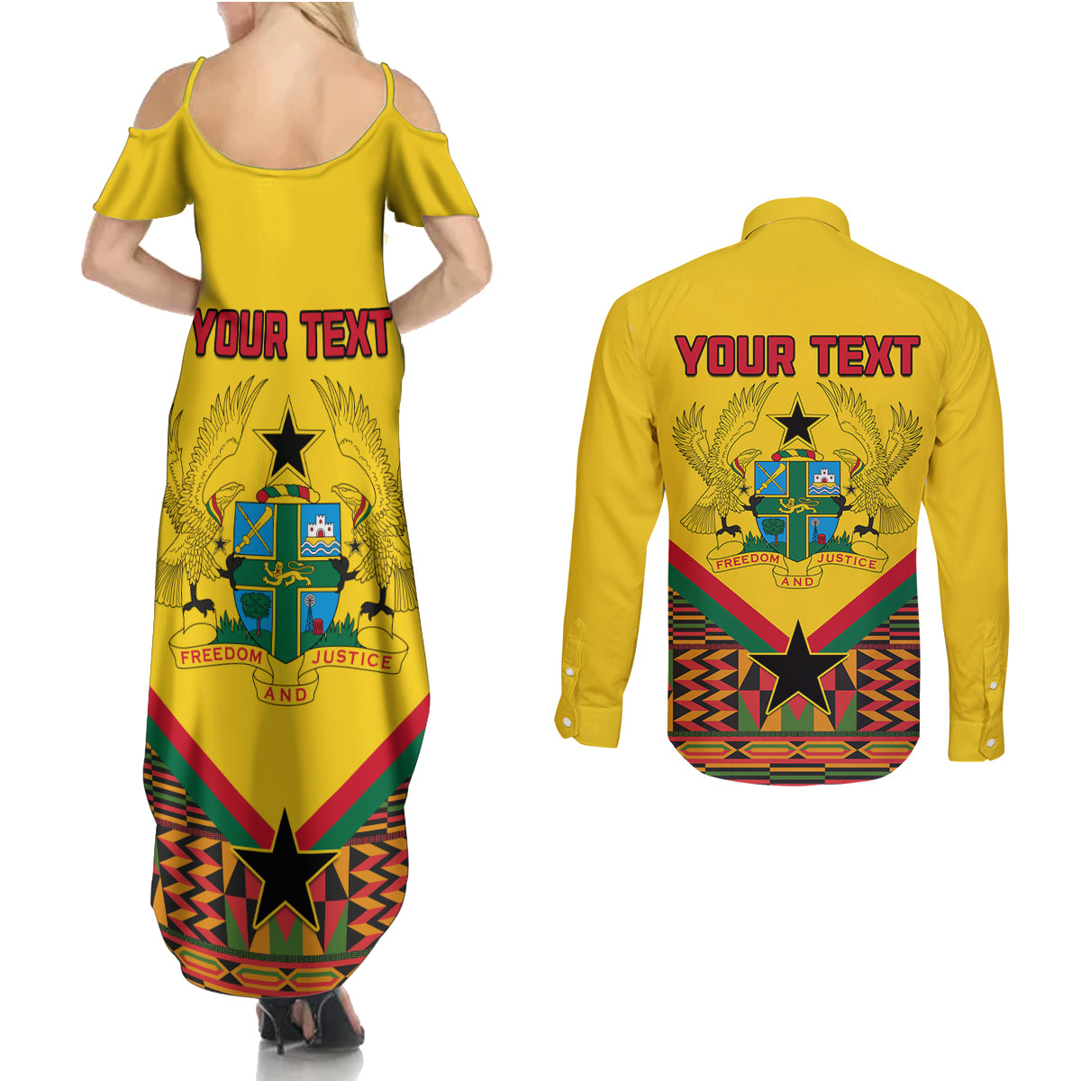 Ghana Independence Day Couples Matching Summer Maxi Dress and Long Sleeve Button Shirt Freedom and Justice African Pattern - Wonder Print Shop