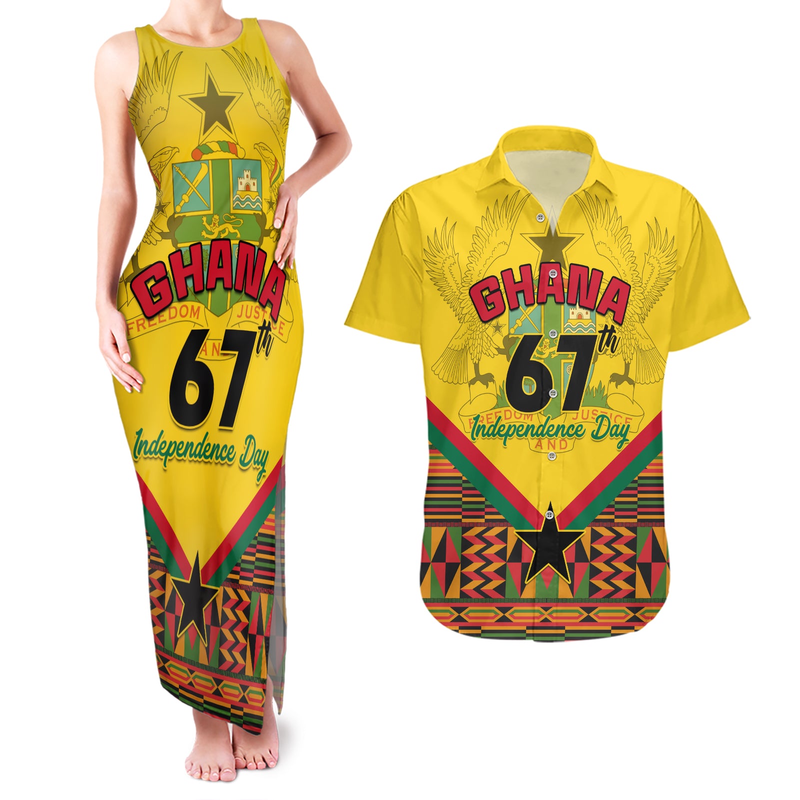 Ghana Independence Day Couples Matching Tank Maxi Dress and Hawaiian Shirt Freedom and Justice African Pattern