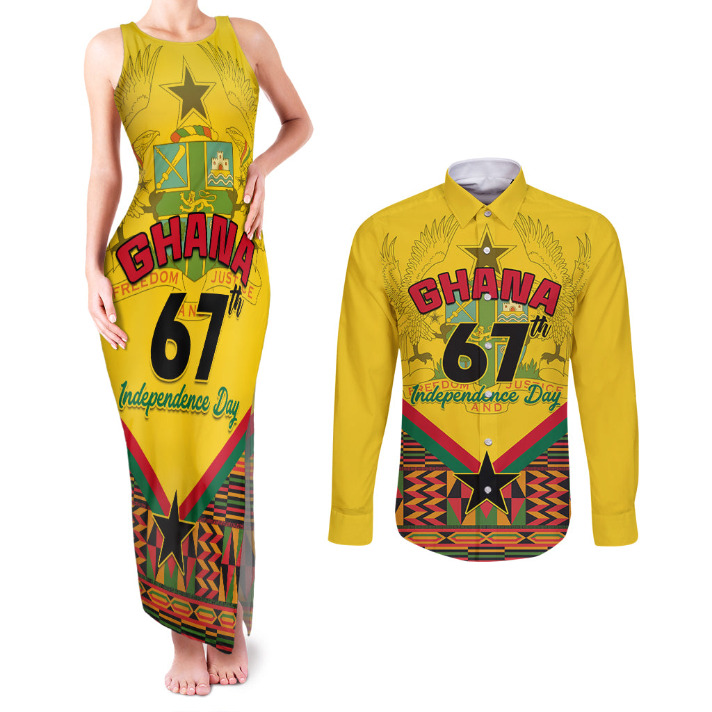 Ghana Independence Day Couples Matching Tank Maxi Dress and Long Sleeve Button Shirt Freedom and Justice African Pattern