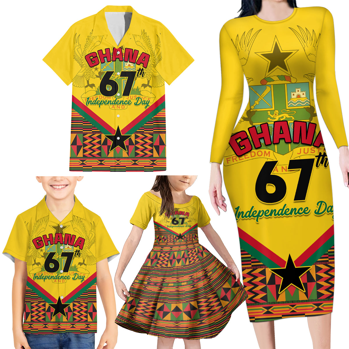 Ghana Independence Day Family Matching Long Sleeve Bodycon Dress and Hawaiian Shirt Freedom and Justice African Pattern