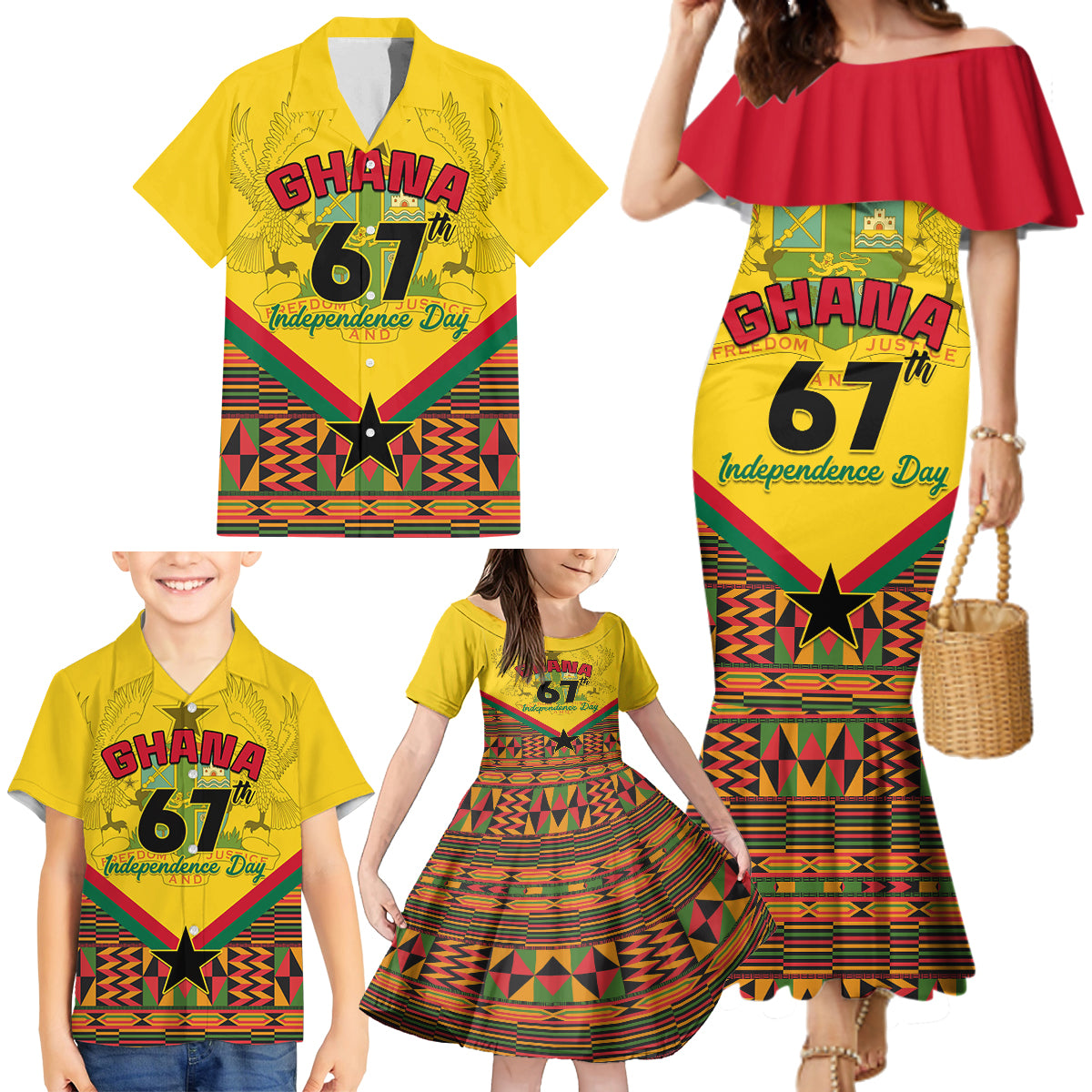 Ghana Independence Day Family Matching Mermaid Dress and Hawaiian Shirt Freedom and Justice African Pattern - Wonder Print Shop