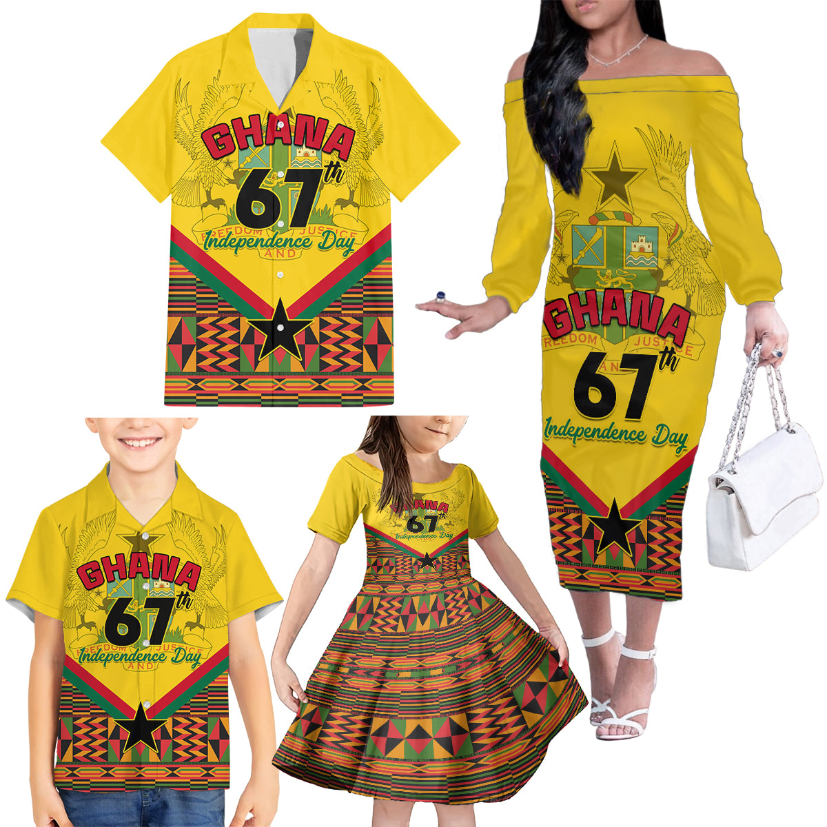 Ghana Independence Day Family Matching Off Shoulder Long Sleeve Dress and Hawaiian Shirt Freedom and Justice African Pattern