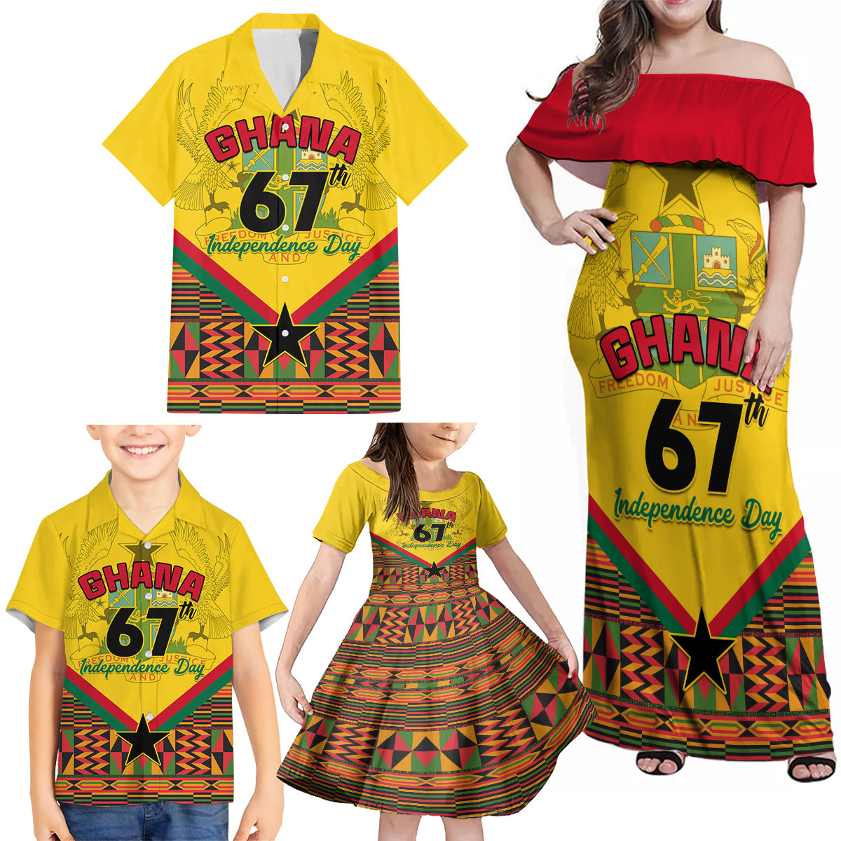 Ghana Independence Day Family Matching Off Shoulder Maxi Dress and Hawaiian Shirt Freedom and Justice African Pattern