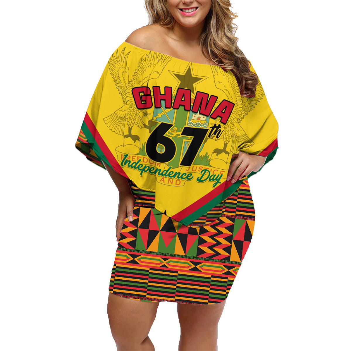 Ghana Independence Day Family Matching Off Shoulder Short Dress and Hawaiian Shirt Freedom and Justice African Pattern - Wonder Print Shop