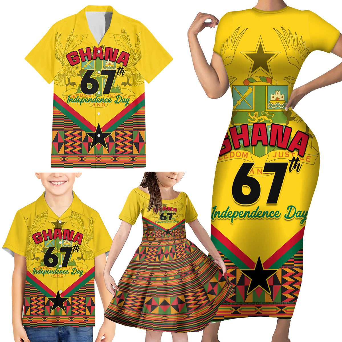 Ghana Independence Day Family Matching Short Sleeve Bodycon Dress and Hawaiian Shirt Freedom and Justice African Pattern - Wonder Print Shop
