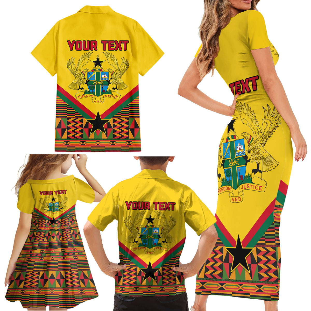 Ghana Independence Day Family Matching Short Sleeve Bodycon Dress and Hawaiian Shirt Freedom and Justice African Pattern - Wonder Print Shop