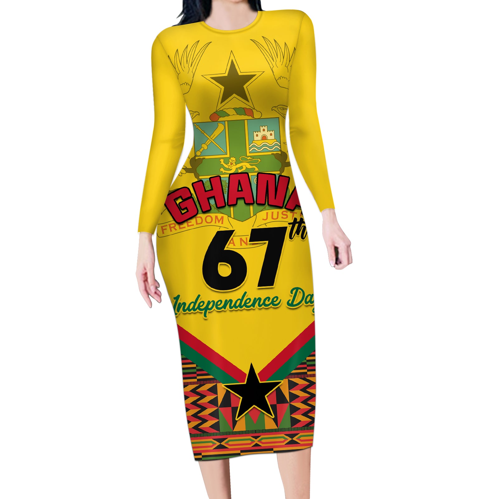 Ghana Independence Day Long Sleeve Bodycon Dress Freedom and Justice African Pattern
