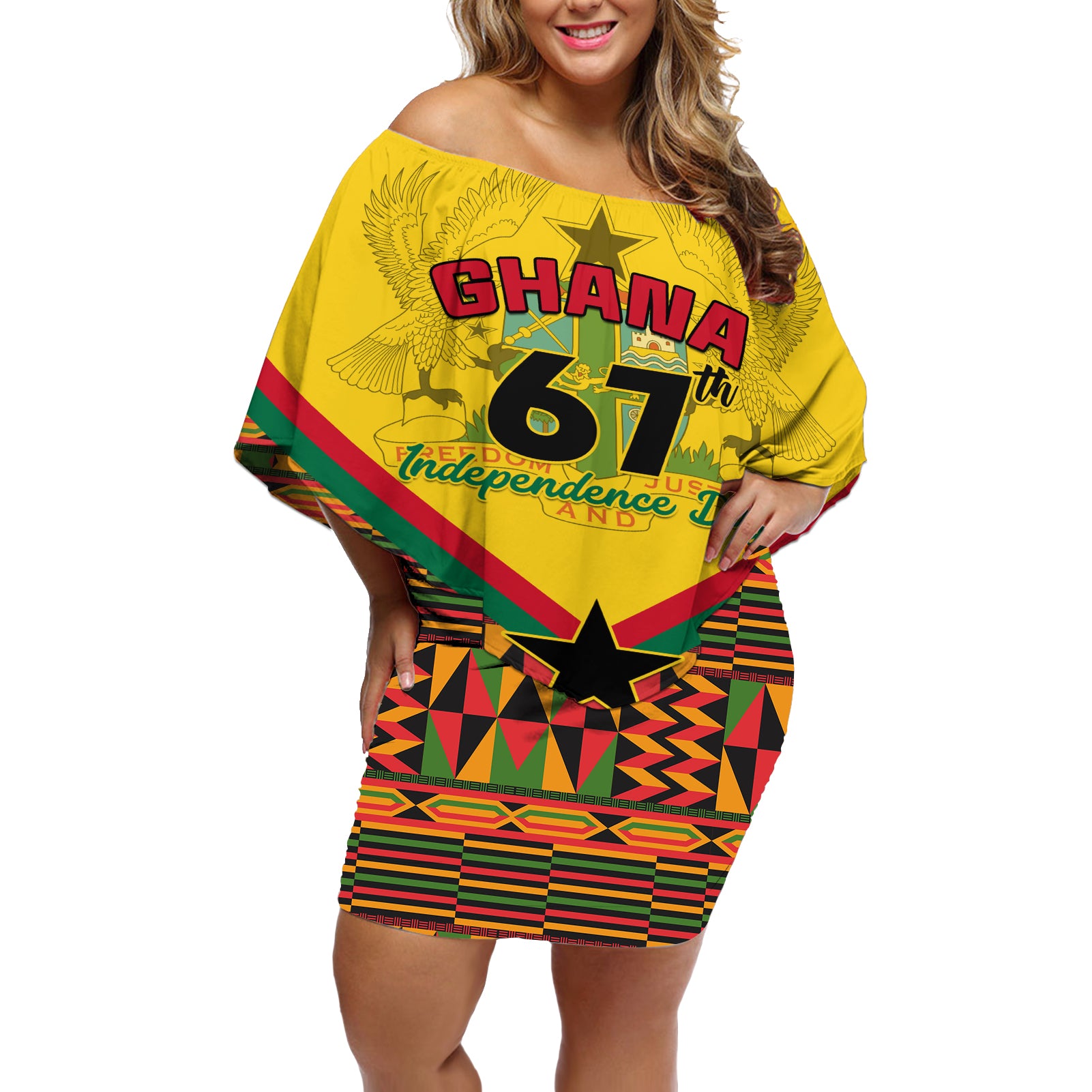 Ghana Independence Day Off Shoulder Short Dress Freedom and Justice African Pattern