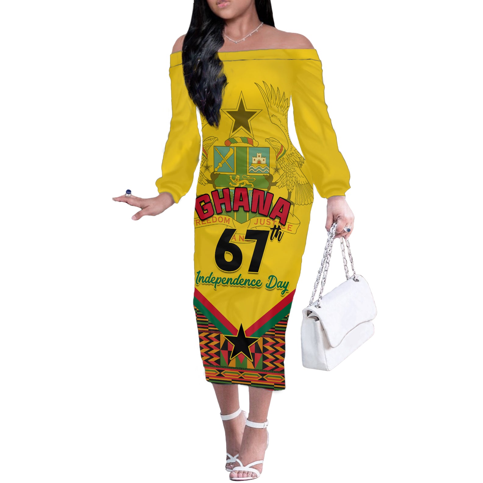 Ghana Independence Day Off The Shoulder Long Sleeve Dress Freedom and Justice African Pattern
