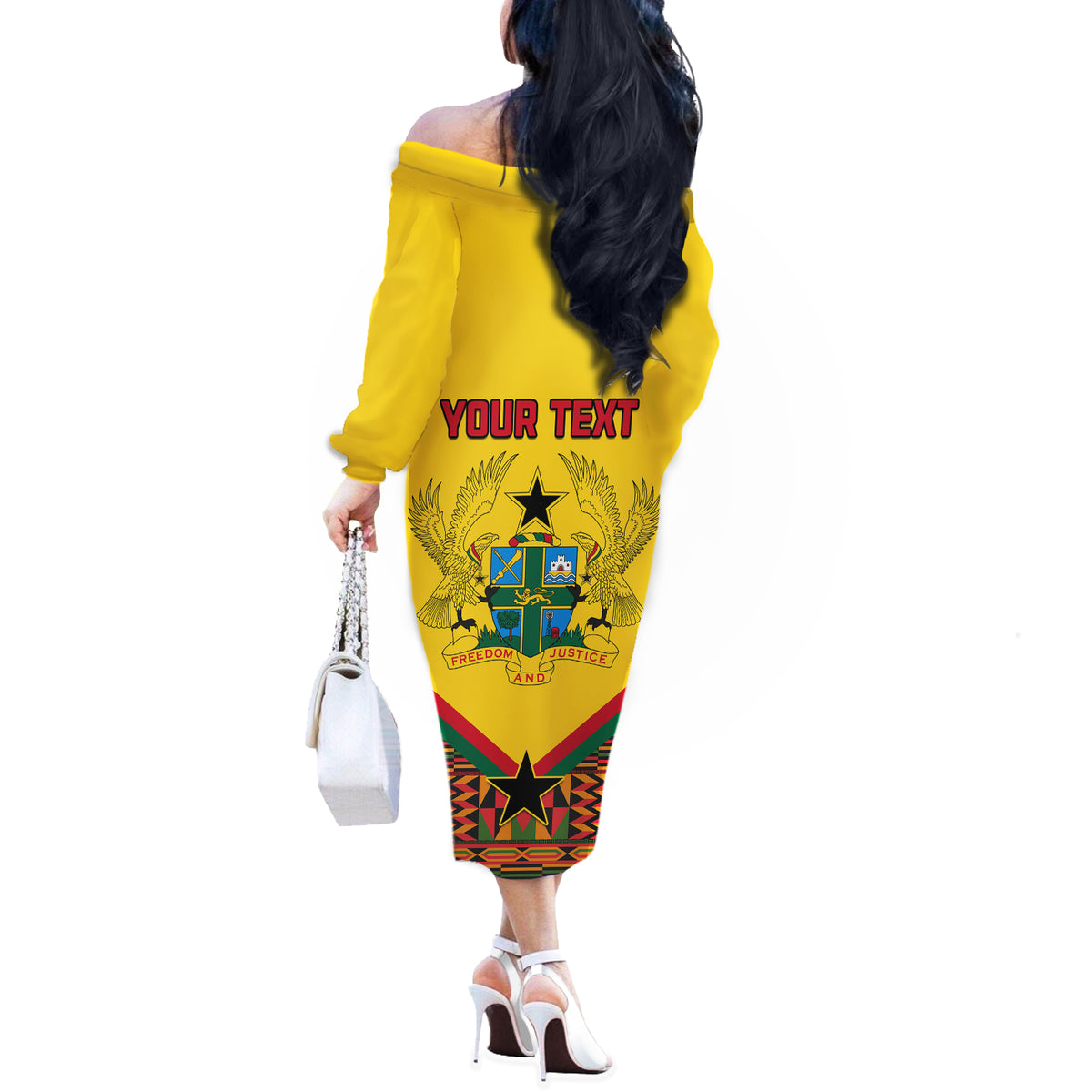 Ghana Independence Day Off The Shoulder Long Sleeve Dress Freedom and Justice African Pattern - Wonder Print Shop