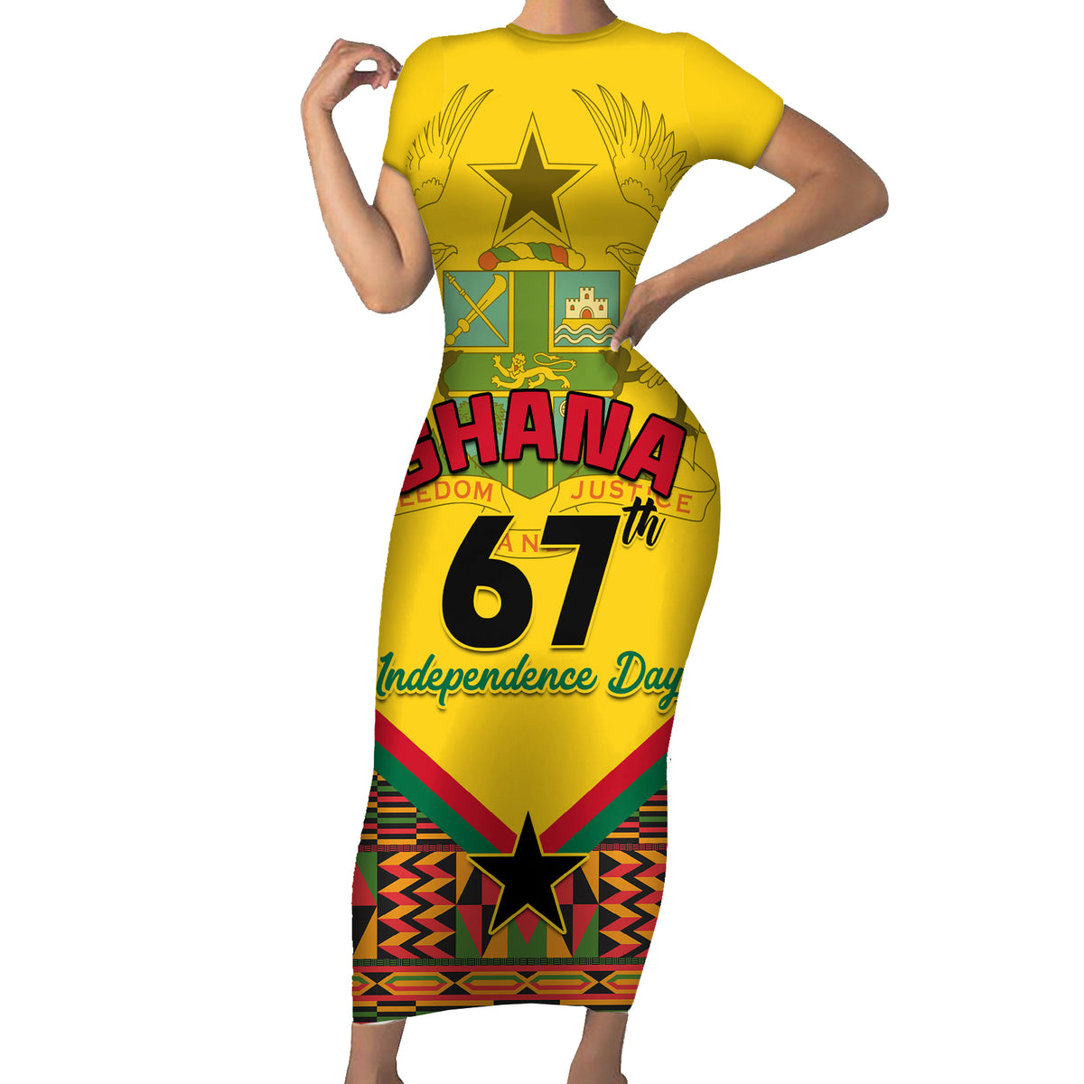 Ghana Independence Day Short Sleeve Bodycon Dress Freedom and Justice African Pattern - Wonder Print Shop