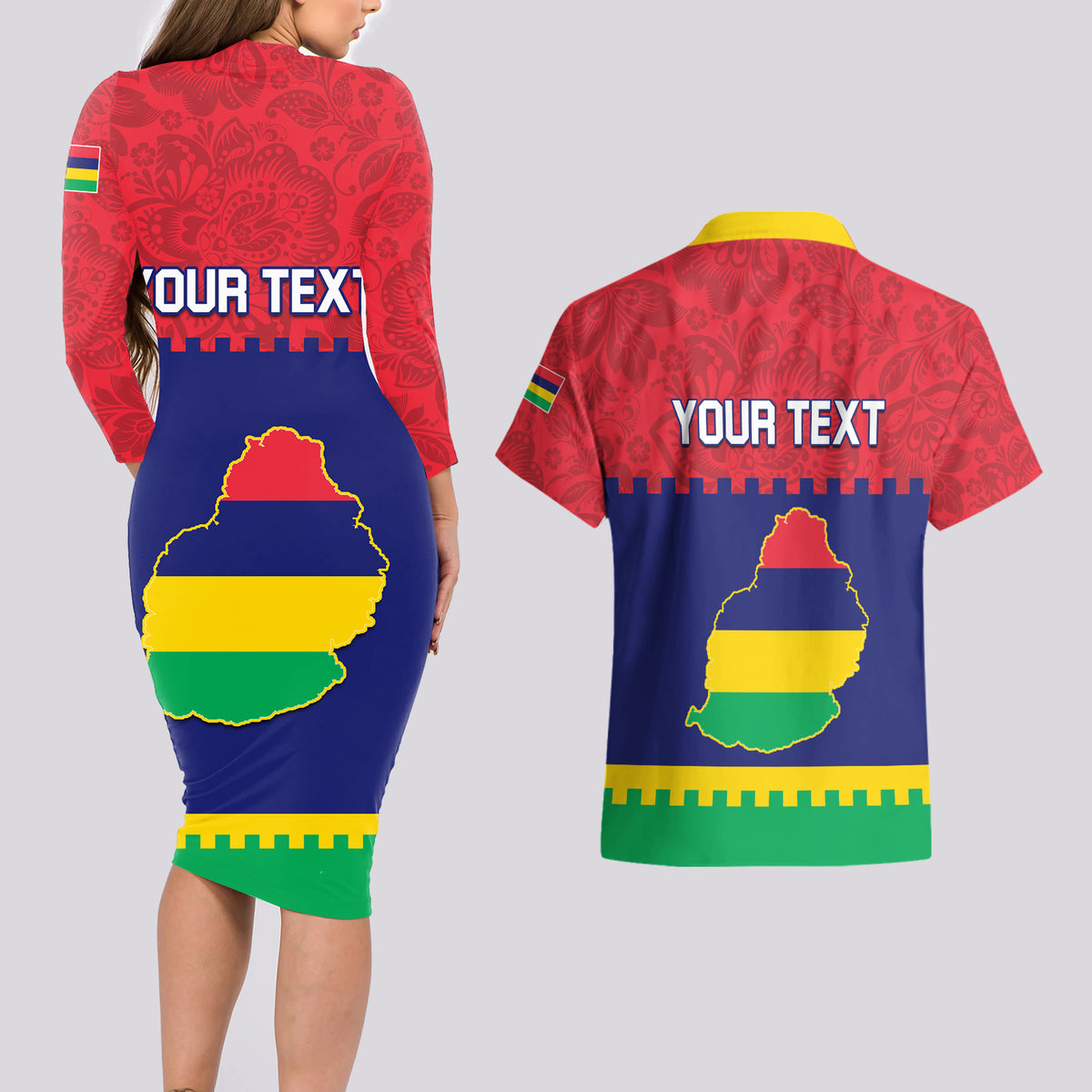 Mauritius Independence Day Couples Matching Long Sleeve Bodycon Dress and Hawaiian Shirt Stella Clavisque Maris Indici Foral Pattern - Wonder Print Shop