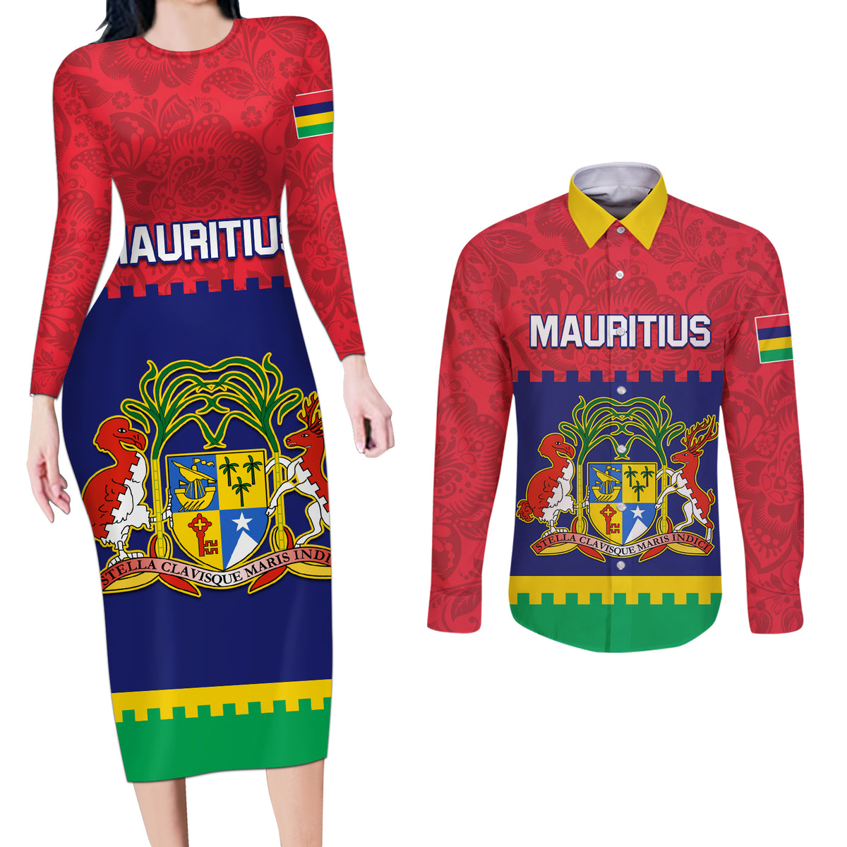 Mauritius Independence Day Couples Matching Long Sleeve Bodycon Dress and Long Sleeve Button Shirt Stella Clavisque Maris Indici Foral Pattern - Wonder Print Shop