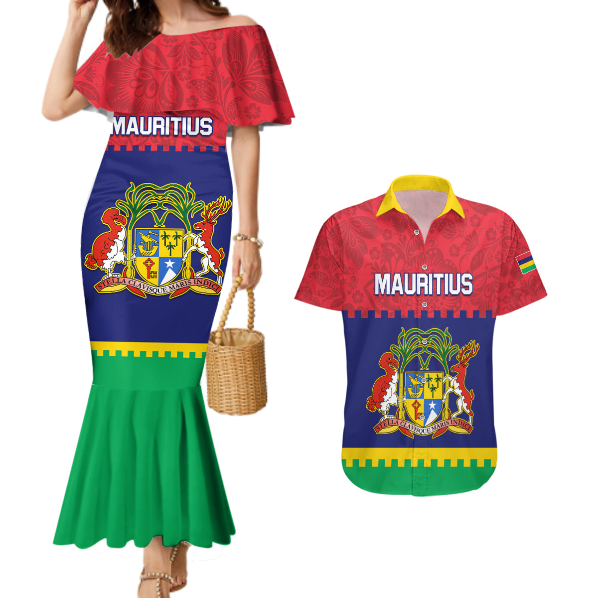 Mauritius Independence Day Couples Matching Mermaid Dress and Hawaiian Shirt Stella Clavisque Maris Indici Foral Pattern - Wonder Print Shop