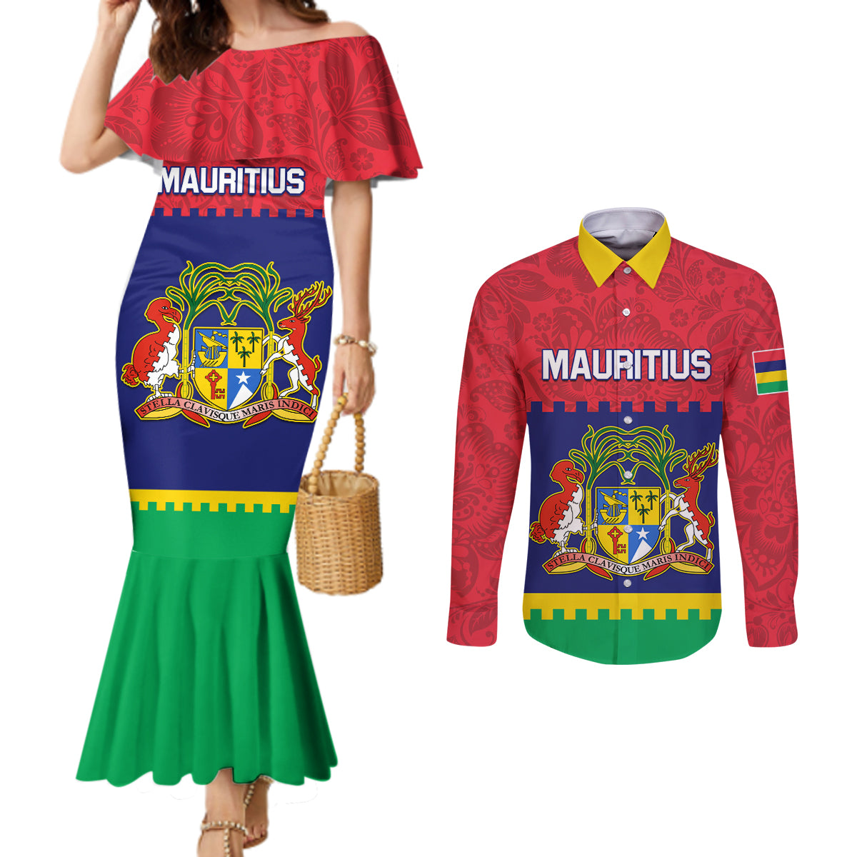 Mauritius Independence Day Couples Matching Mermaid Dress and Long Sleeve Button Shirt Stella Clavisque Maris Indici Foral Pattern