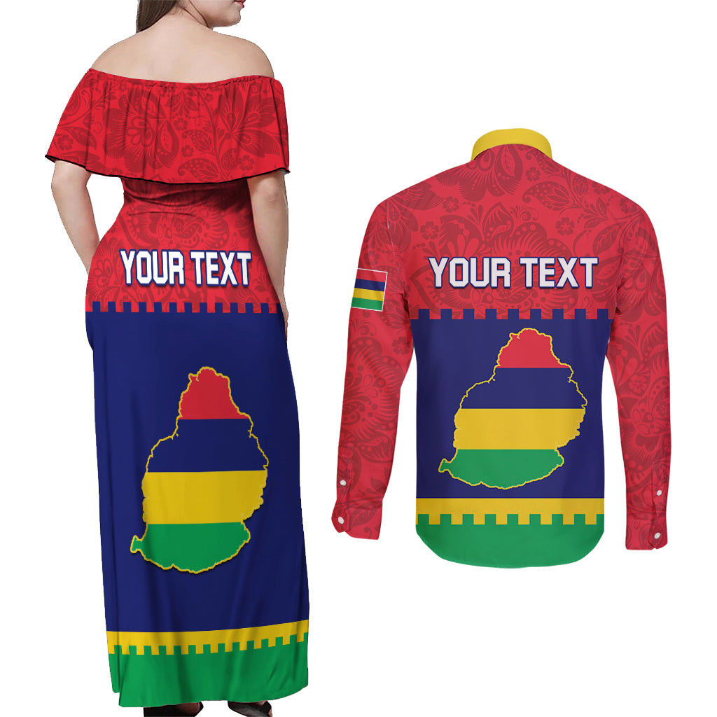 Mauritius Independence Day Couples Matching Off Shoulder Maxi Dress and Long Sleeve Button Shirt Stella Clavisque Maris Indici Foral Pattern - Wonder Print Shop