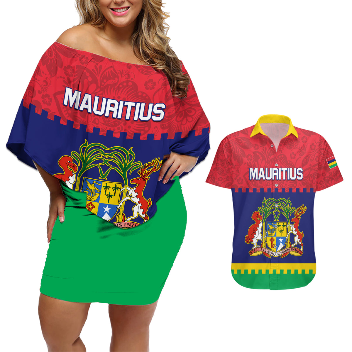 Mauritius Independence Day Couples Matching Off Shoulder Short Dress and Hawaiian Shirt Stella Clavisque Maris Indici Foral Pattern - Wonder Print Shop