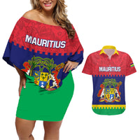 Mauritius Independence Day Couples Matching Off Shoulder Short Dress and Hawaiian Shirt Stella Clavisque Maris Indici Foral Pattern - Wonder Print Shop