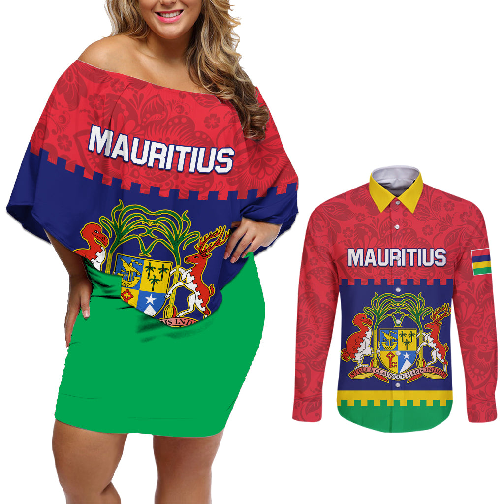 Mauritius Independence Day Couples Matching Off Shoulder Short Dress and Long Sleeve Button Shirt Stella Clavisque Maris Indici Foral Pattern - Wonder Print Shop