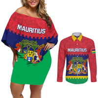 Mauritius Independence Day Couples Matching Off Shoulder Short Dress and Long Sleeve Button Shirt Stella Clavisque Maris Indici Foral Pattern - Wonder Print Shop