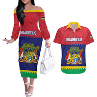 Mauritius Independence Day Couples Matching Off The Shoulder Long Sleeve Dress and Hawaiian Shirt Stella Clavisque Maris Indici Foral Pattern - Wonder Print Shop