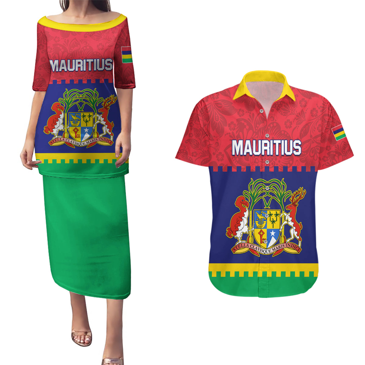 Mauritius Independence Day Couples Matching Puletasi and Hawaiian Shirt Stella Clavisque Maris Indici Foral Pattern - Wonder Print Shop