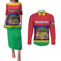 Mauritius Independence Day Couples Matching Puletasi and Long Sleeve Button Shirt Stella Clavisque Maris Indici Foral Pattern - Wonder Print Shop