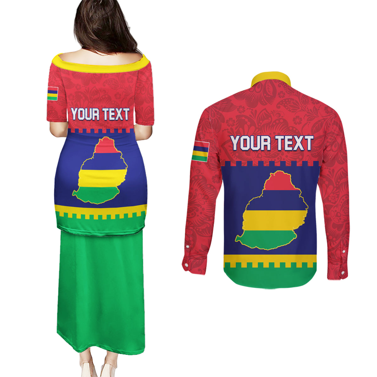 Mauritius Independence Day Couples Matching Puletasi and Long Sleeve Button Shirt Stella Clavisque Maris Indici Foral Pattern - Wonder Print Shop