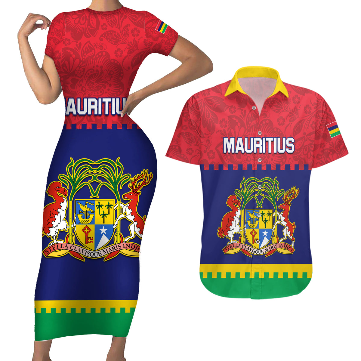 Mauritius Independence Day Couples Matching Short Sleeve Bodycon Dress and Hawaiian Shirt Stella Clavisque Maris Indici Foral Pattern - Wonder Print Shop