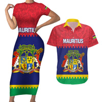 Mauritius Independence Day Couples Matching Short Sleeve Bodycon Dress and Hawaiian Shirt Stella Clavisque Maris Indici Foral Pattern - Wonder Print Shop