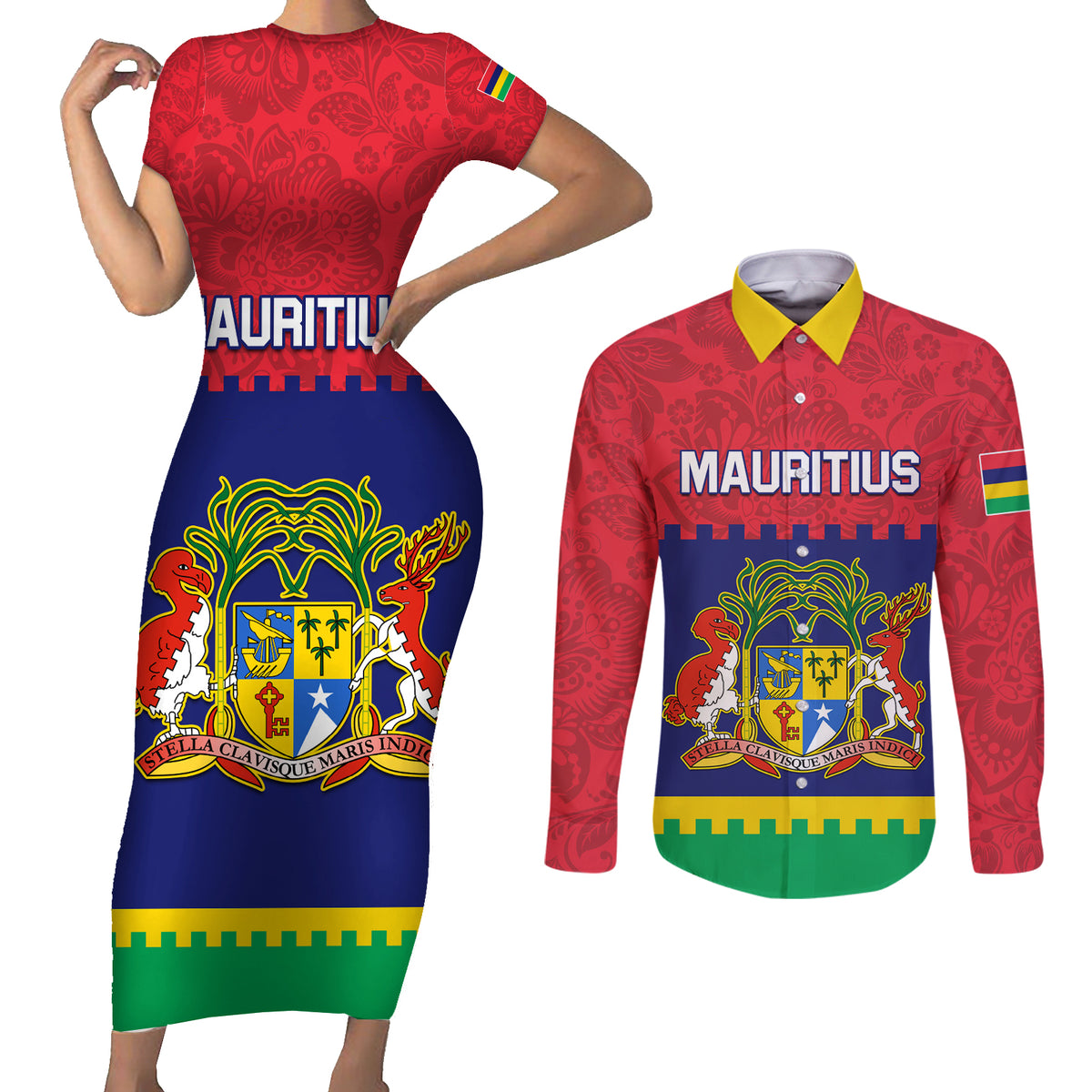 Mauritius Independence Day Couples Matching Short Sleeve Bodycon Dress and Long Sleeve Button Shirt Stella Clavisque Maris Indici Foral Pattern - Wonder Print Shop