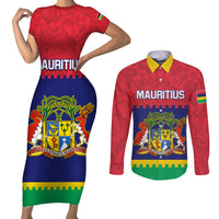 Mauritius Independence Day Couples Matching Short Sleeve Bodycon Dress and Long Sleeve Button Shirt Stella Clavisque Maris Indici Foral Pattern - Wonder Print Shop