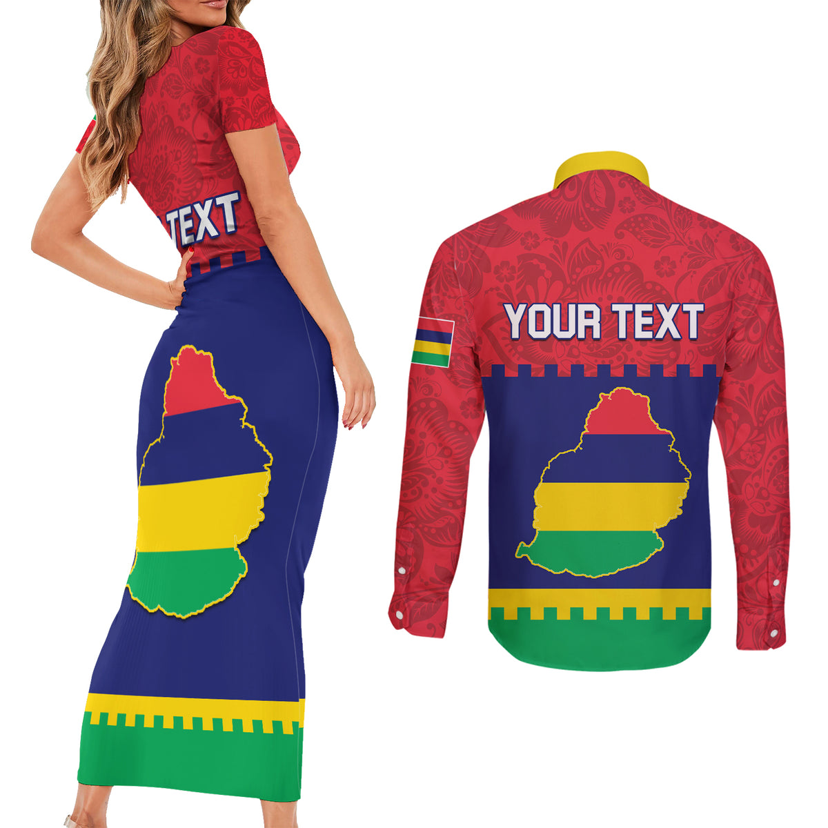 Mauritius Independence Day Couples Matching Short Sleeve Bodycon Dress and Long Sleeve Button Shirt Stella Clavisque Maris Indici Foral Pattern - Wonder Print Shop