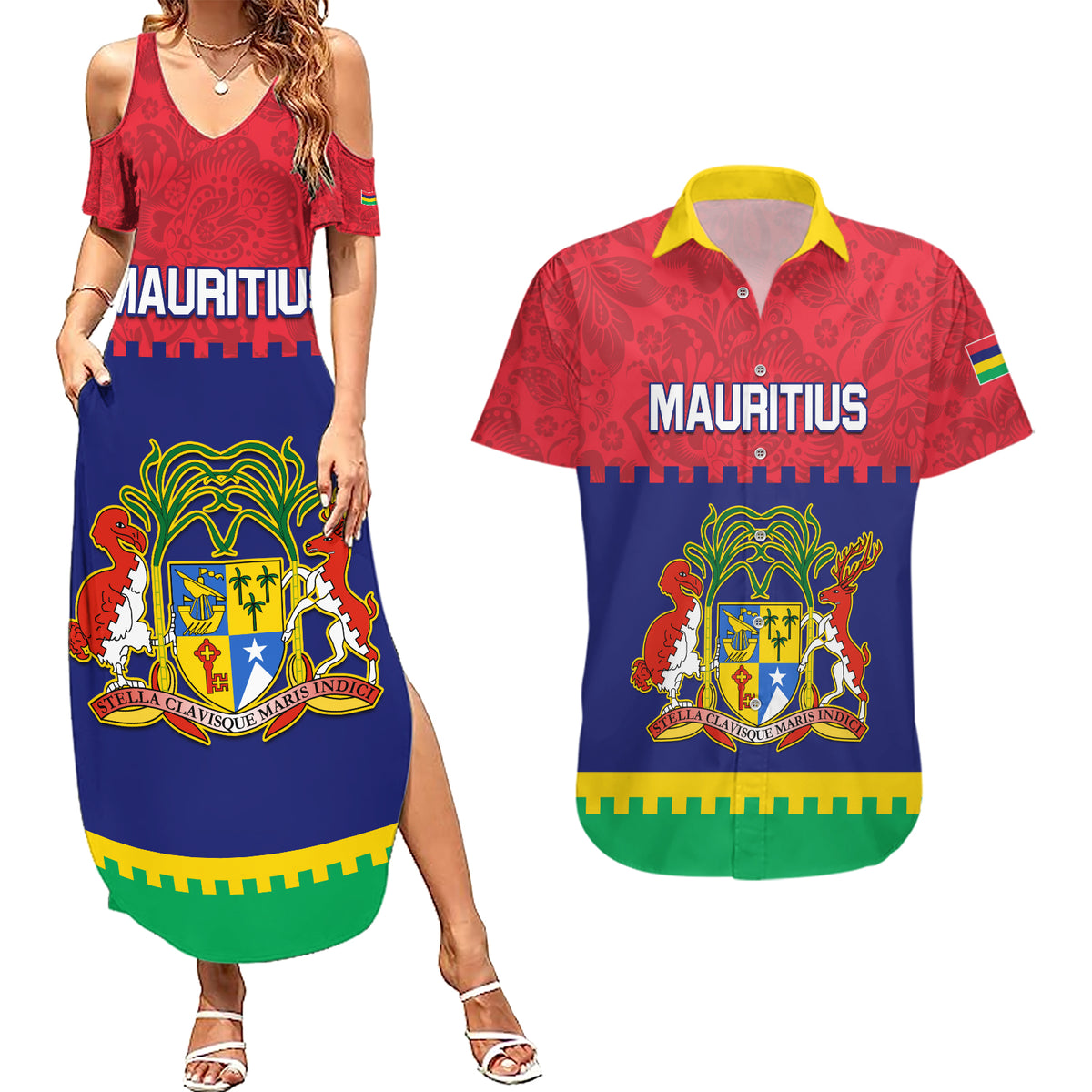 Mauritius Independence Day Couples Matching Summer Maxi Dress and Hawaiian Shirt Stella Clavisque Maris Indici Foral Pattern - Wonder Print Shop