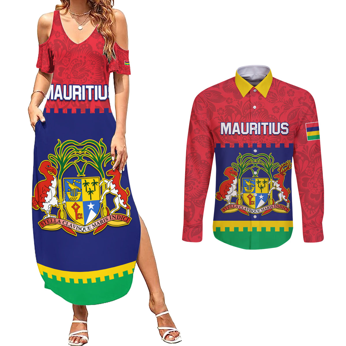 Mauritius Independence Day Couples Matching Summer Maxi Dress and Long Sleeve Button Shirt Stella Clavisque Maris Indici Foral Pattern - Wonder Print Shop