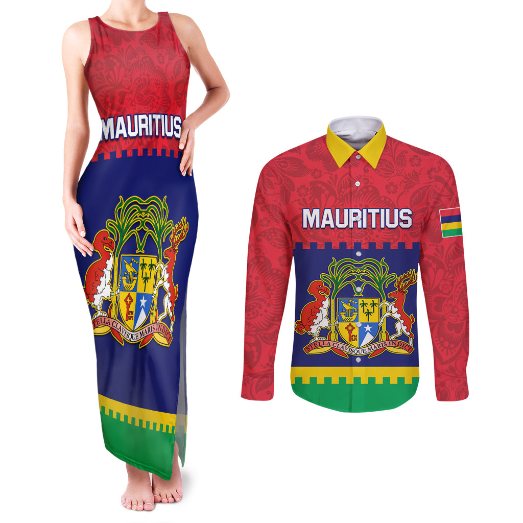Mauritius Independence Day Couples Matching Tank Maxi Dress and Long Sleeve Button Shirt Stella Clavisque Maris Indici Foral Pattern - Wonder Print Shop