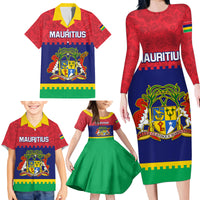 Mauritius Independence Day Family Matching Long Sleeve Bodycon Dress and Hawaiian Shirt Stella Clavisque Maris Indici Foral Pattern - Wonder Print Shop