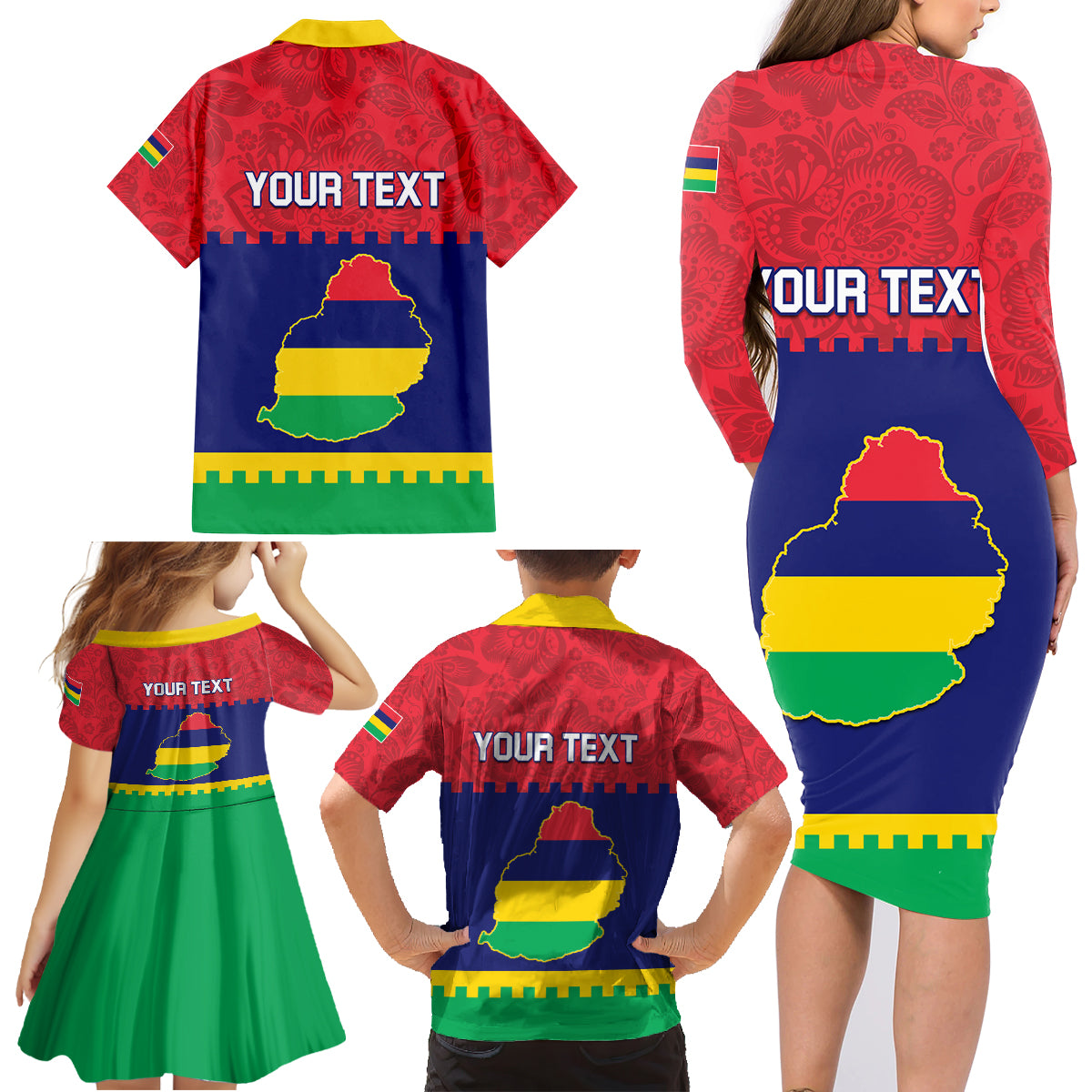 Mauritius Independence Day Family Matching Long Sleeve Bodycon Dress and Hawaiian Shirt Stella Clavisque Maris Indici Foral Pattern - Wonder Print Shop
