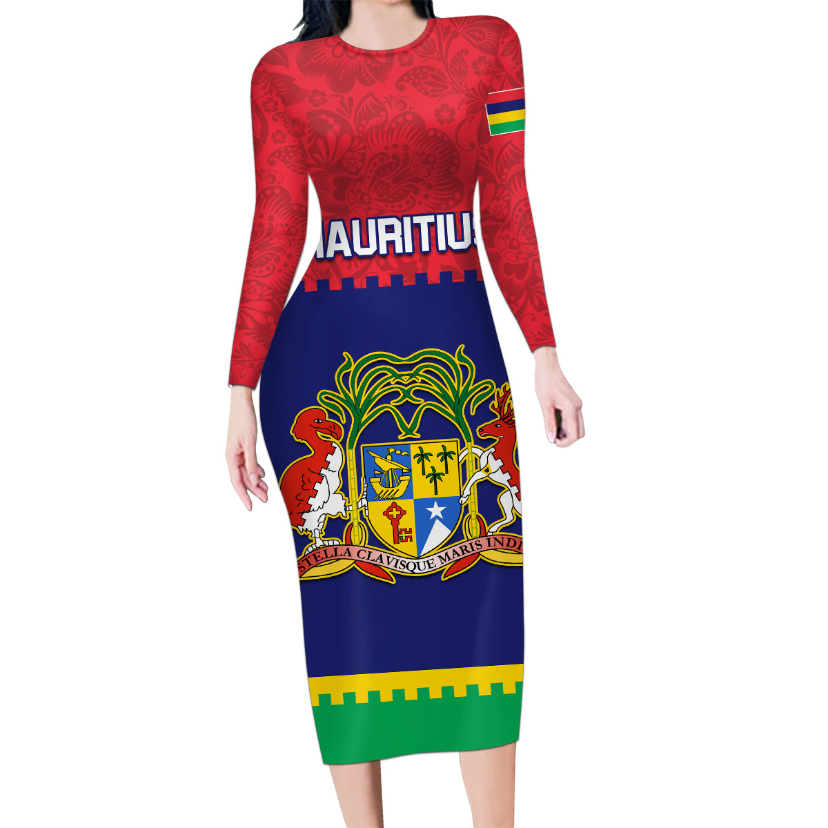 Mauritius Independence Day Family Matching Long Sleeve Bodycon Dress and Hawaiian Shirt Stella Clavisque Maris Indici Foral Pattern - Wonder Print Shop