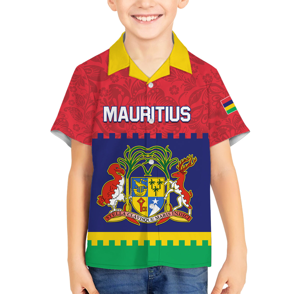 Mauritius Independence Day Family Matching Long Sleeve Bodycon Dress and Hawaiian Shirt Stella Clavisque Maris Indici Foral Pattern - Wonder Print Shop