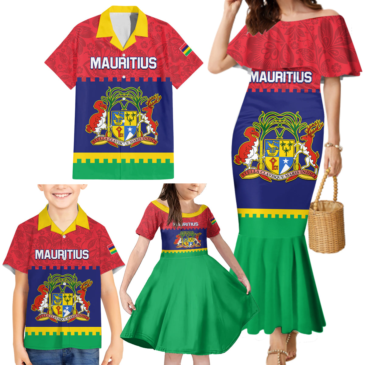 Mauritius Independence Day Family Matching Mermaid Dress and Hawaiian Shirt Stella Clavisque Maris Indici Foral Pattern - Wonder Print Shop