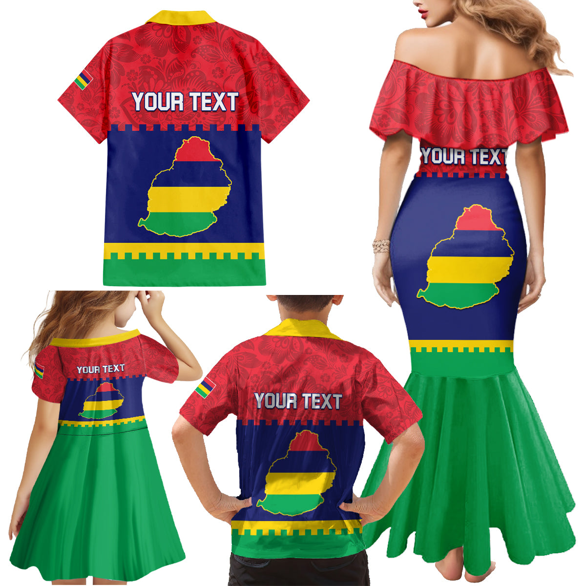 Mauritius Independence Day Family Matching Mermaid Dress and Hawaiian Shirt Stella Clavisque Maris Indici Foral Pattern - Wonder Print Shop