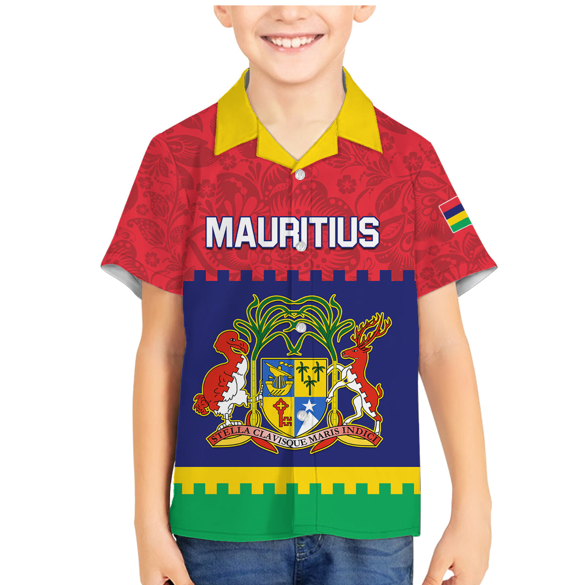 Mauritius Independence Day Family Matching Mermaid Dress and Hawaiian Shirt Stella Clavisque Maris Indici Foral Pattern - Wonder Print Shop