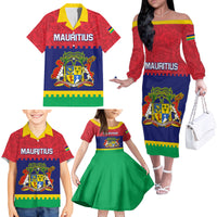 Mauritius Independence Day Family Matching Off Shoulder Long Sleeve Dress and Hawaiian Shirt Stella Clavisque Maris Indici Foral Pattern - Wonder Print Shop