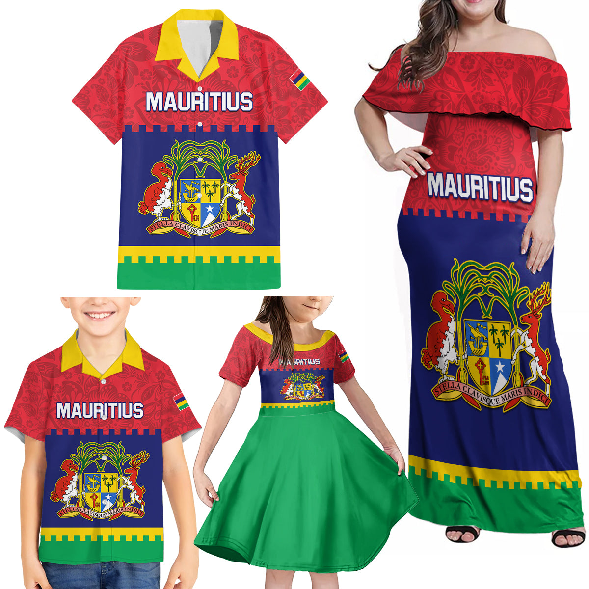 Mauritius Independence Day Family Matching Off Shoulder Maxi Dress and Hawaiian Shirt Stella Clavisque Maris Indici Foral Pattern - Wonder Print Shop