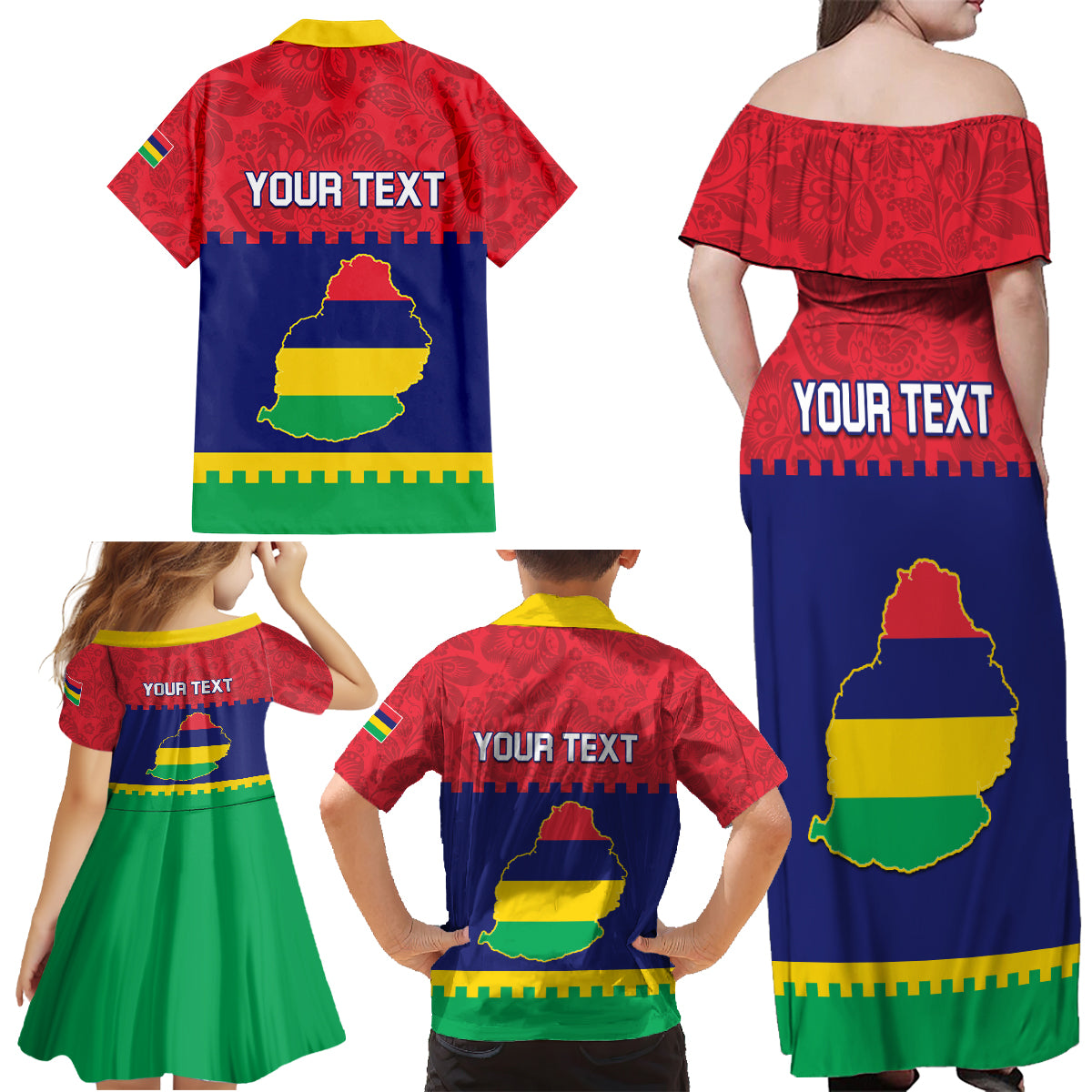 Mauritius Independence Day Family Matching Off Shoulder Maxi Dress and Hawaiian Shirt Stella Clavisque Maris Indici Foral Pattern - Wonder Print Shop